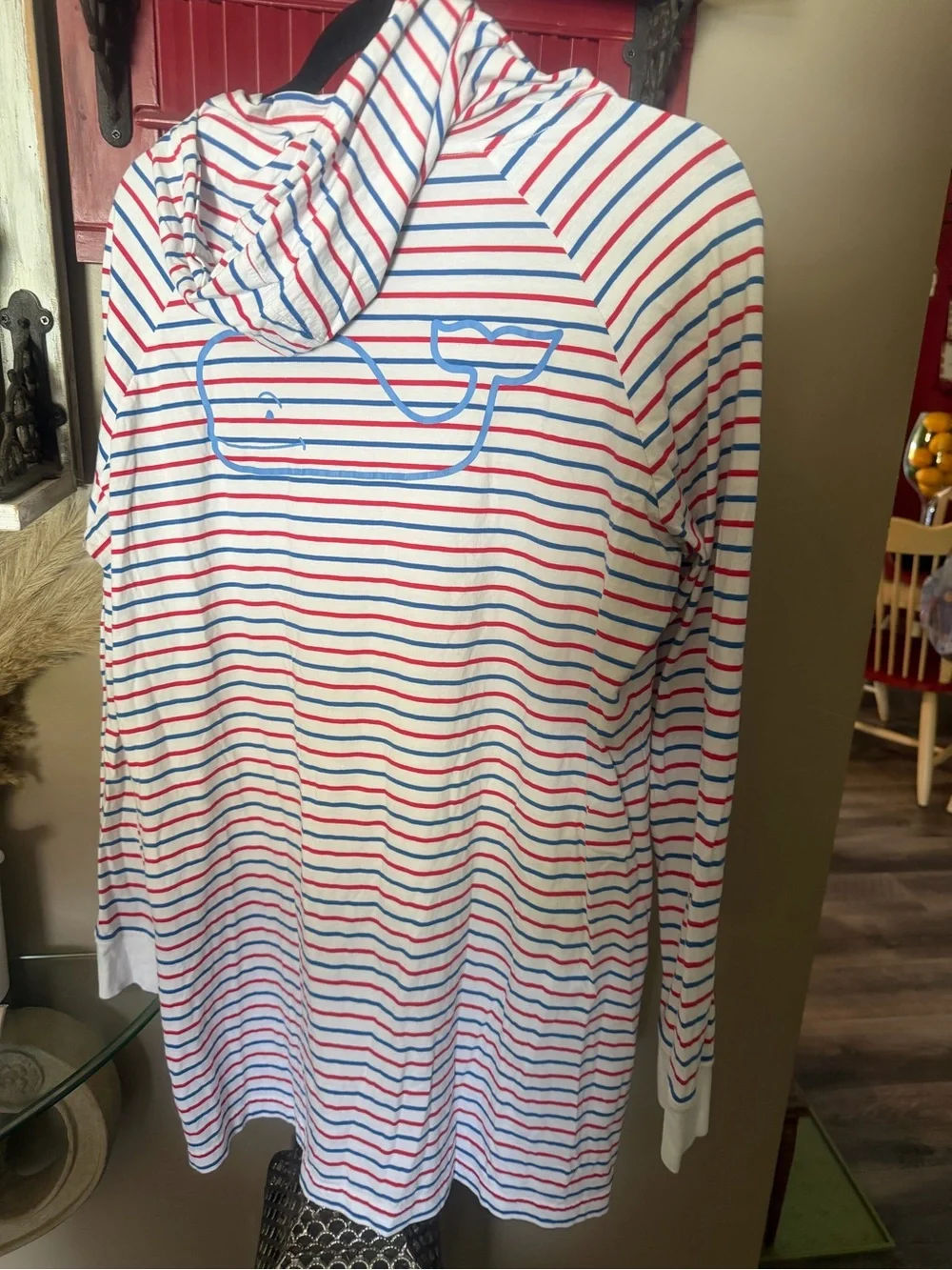 Striped Hooded Long Sleeve cover up - White with Red & Blue Stripes